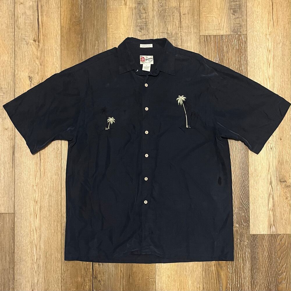 Vintage Hilo Hattie Camp Shirt Embroidered Palm Black Coconut Button Men’s XL